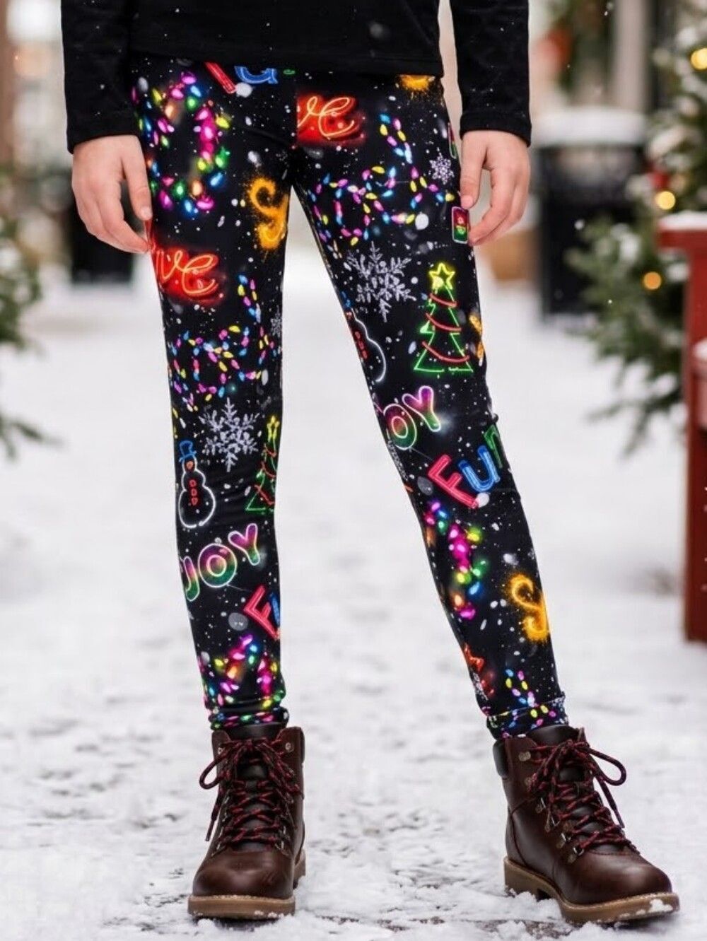 Justice Girls 12 Neon Christmas Leggings Black Holiday Lights Y2K Mall Retro